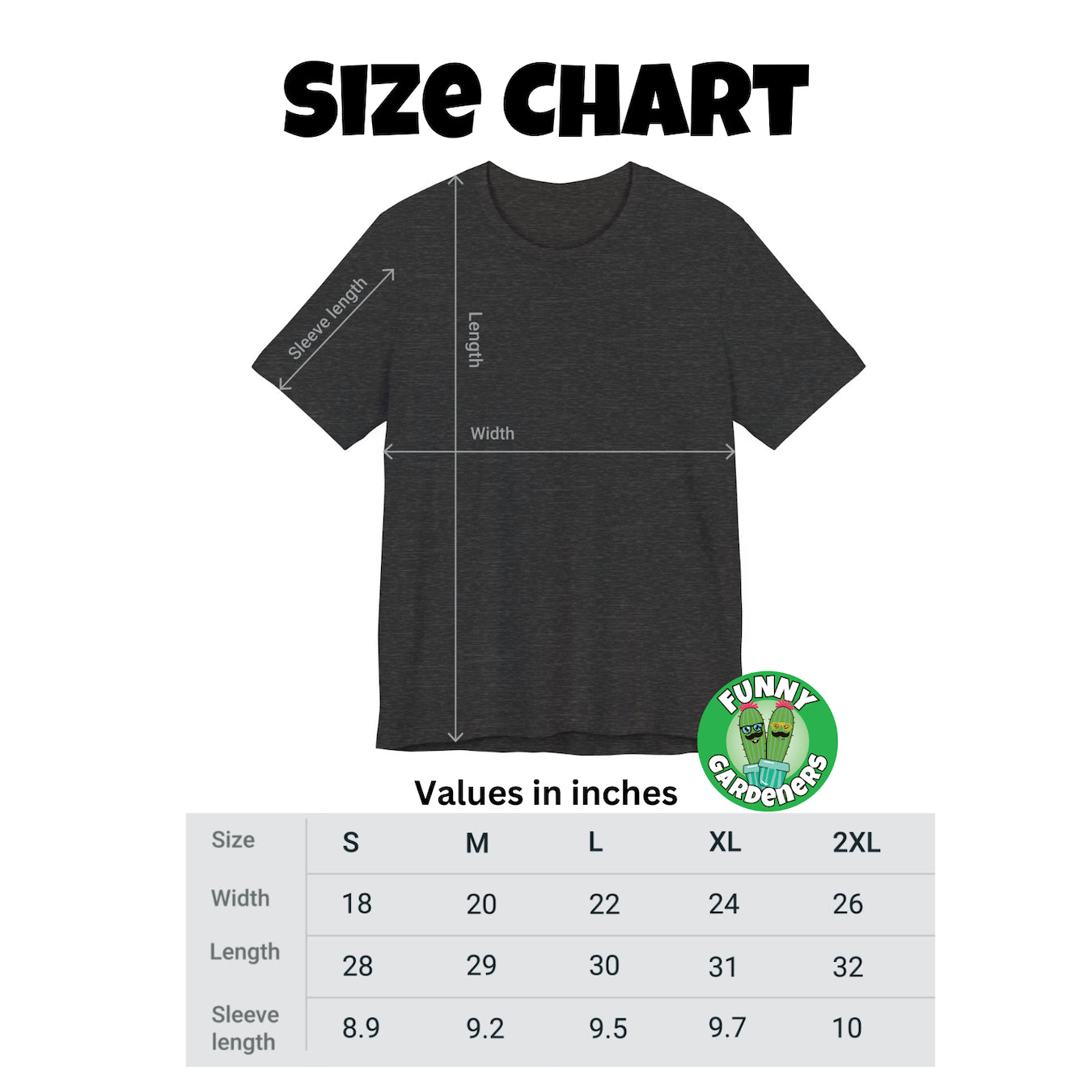 size chart for funny gardeners soft t-shirts